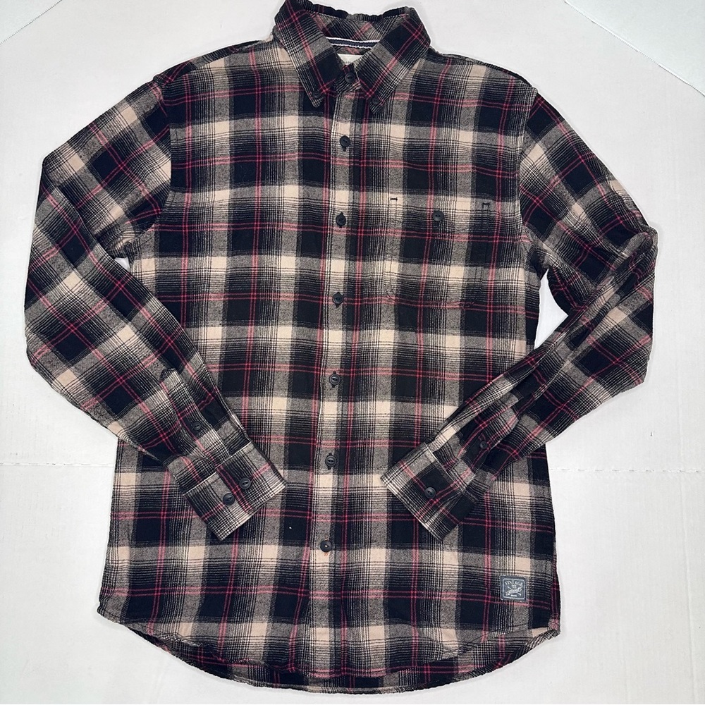 Weatherproof | Vintage Holiday Tartan Black, Tan & Red Button-Down Plaid | Small